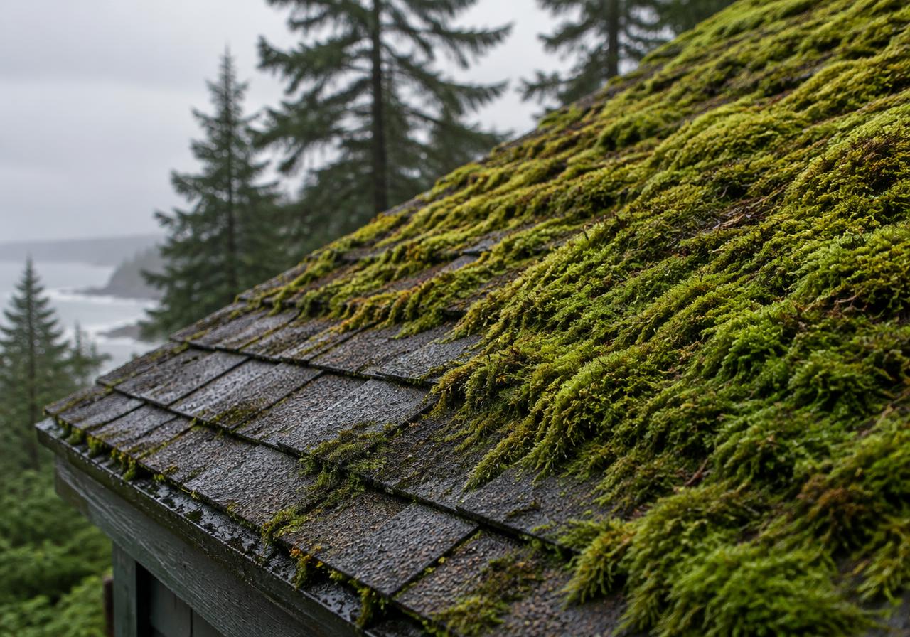 Thick moss on a shaded asphalt shingle roof on the Oregon coast
