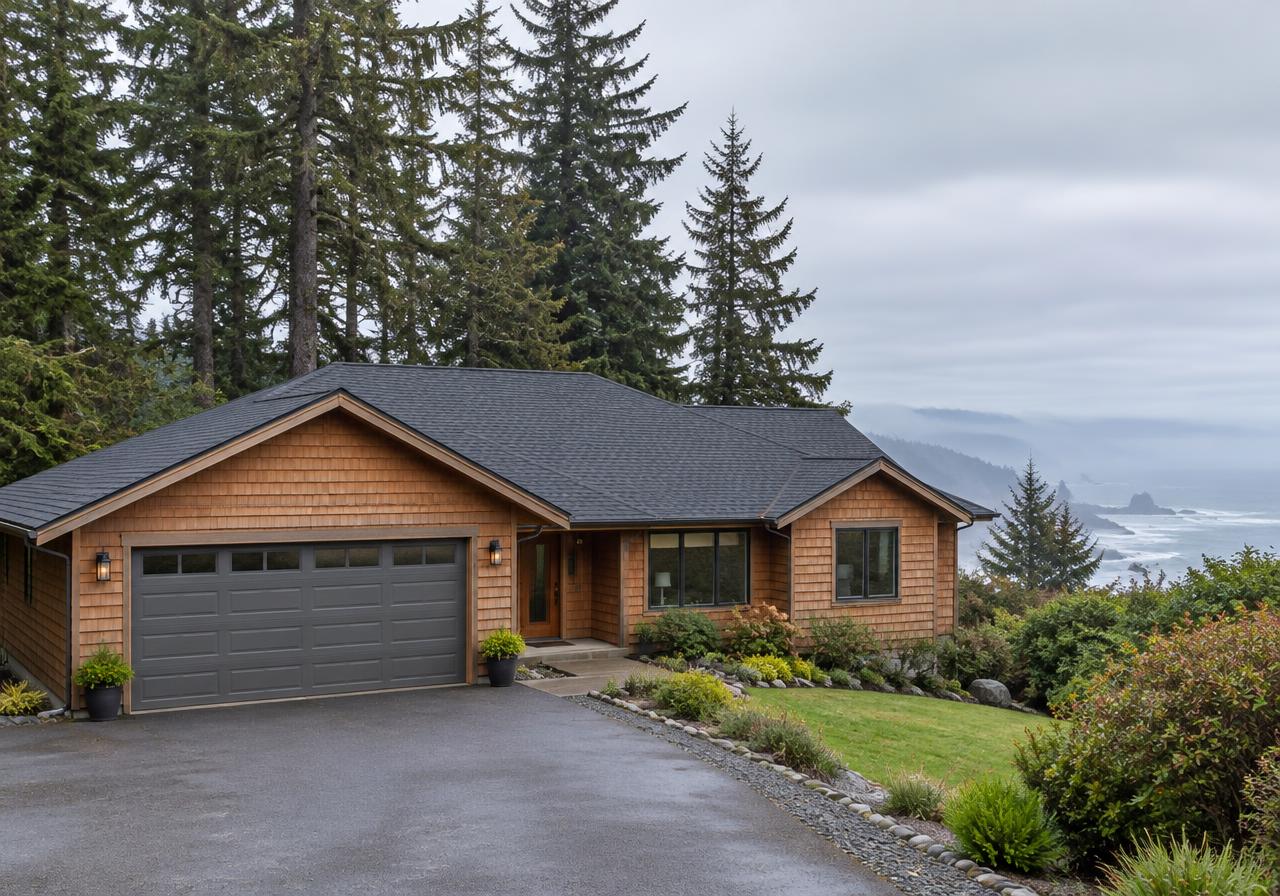 Cedar sided home on the Oregon coast with a new charcoal shingle roof
