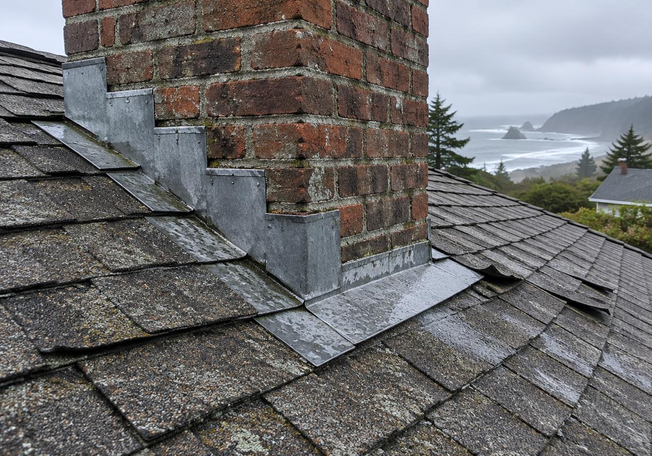 Step flashing around a brick chimney on a wet shingle roof above the Pacific